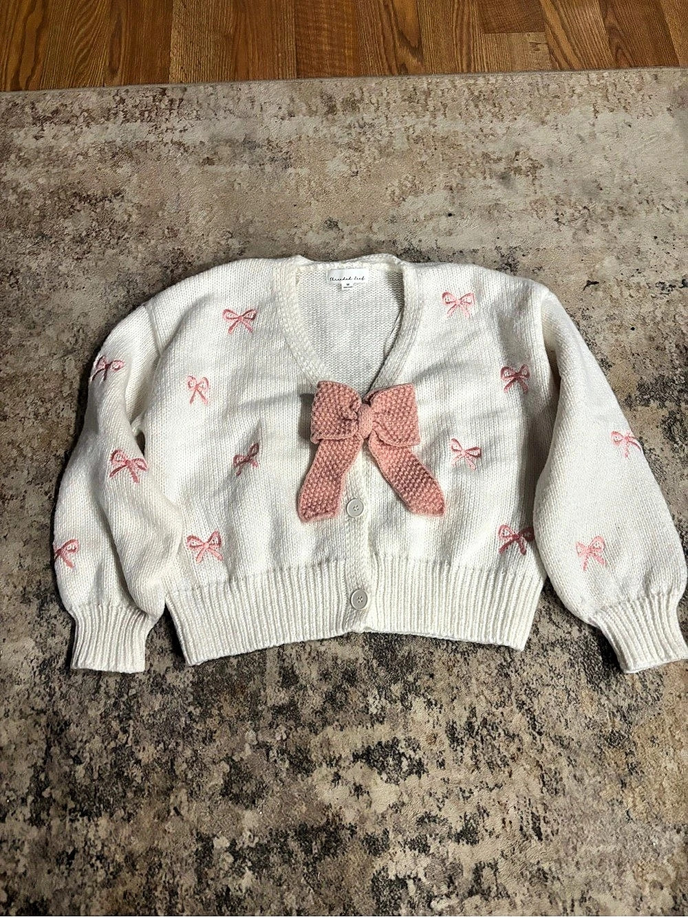 Threaded Leaf  Bow Cardigan in White & Pink Size Medium
